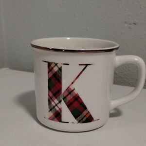 Pottery Barn Monogram Mug - White with Red, Green, and Gold Plaid